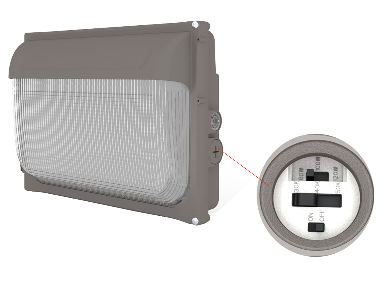 80/100/120W POWER & COLOR SELECTABLE LOW PROFILE WALL PACK W/PHOTOCELL