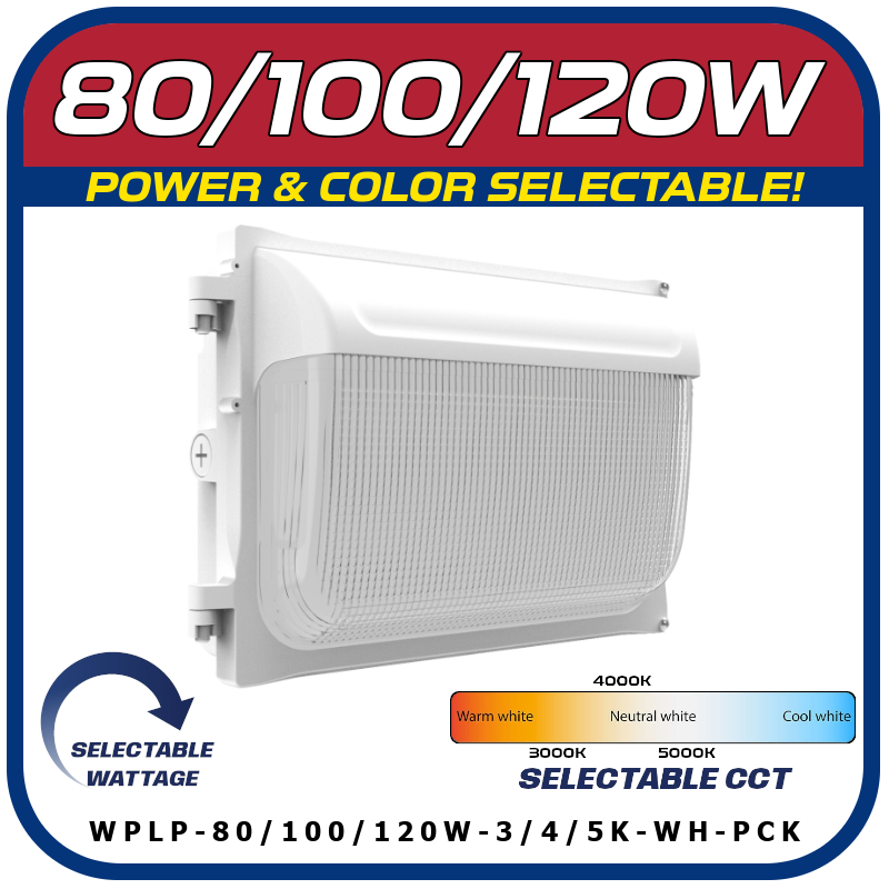 White 80/100/120W POWER & COLOR SELECTABLE WALL PACK W/PHOTOCELL