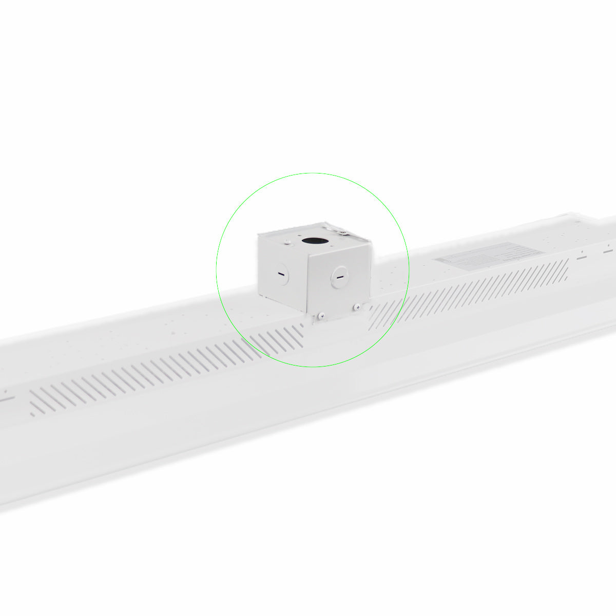 White industrial light fixture with a square junction box on a white background