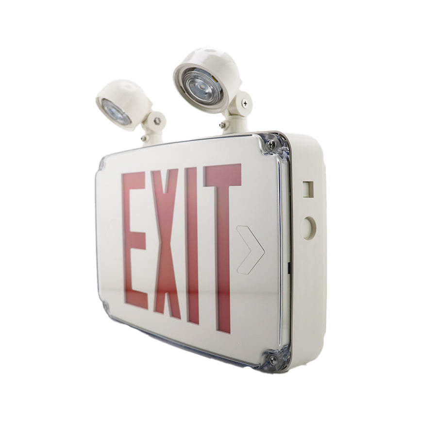 Wet Location Exit Light Combo — Red/Green Letters & White Housing