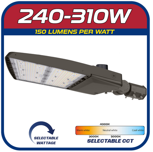 A shoebox-style LED streetlight fixture with a dark bronze finish, offering 240-310W selectability and 150 lumens per watt. It shows color temperature options marked as warm white, neutral white, and cool white.