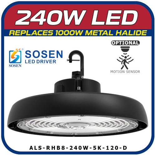 A black 240W LED round high bay light fixture with a clear lens, designed to replace 1000W metal halide bulbs, from the brand SOSEN.