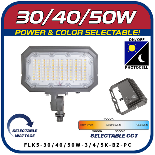 30/40/50W Power & Color Selectable Knuckle Mount Floodlight w/On-Off Photocell