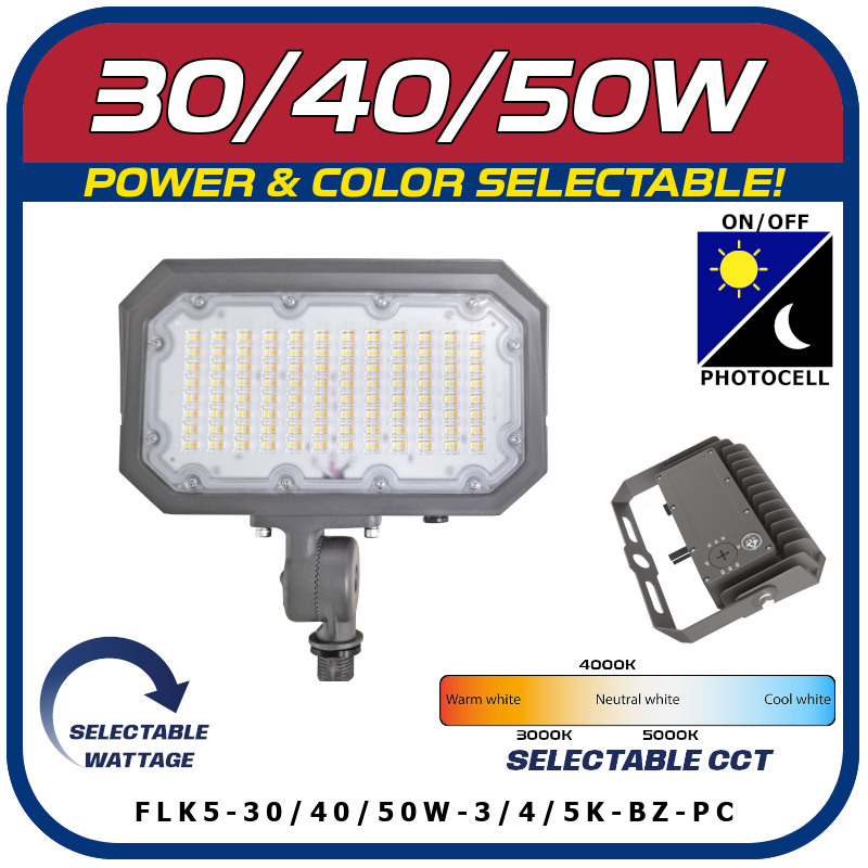 30/40/50W Power & Color Selectable Knuckle Mount Floodlight w/On-Off Photocell