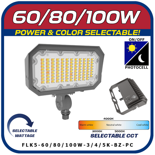 60/80/100W Power & Color Selectable Knuckle Mount Floodlight w/On-Off Photocell