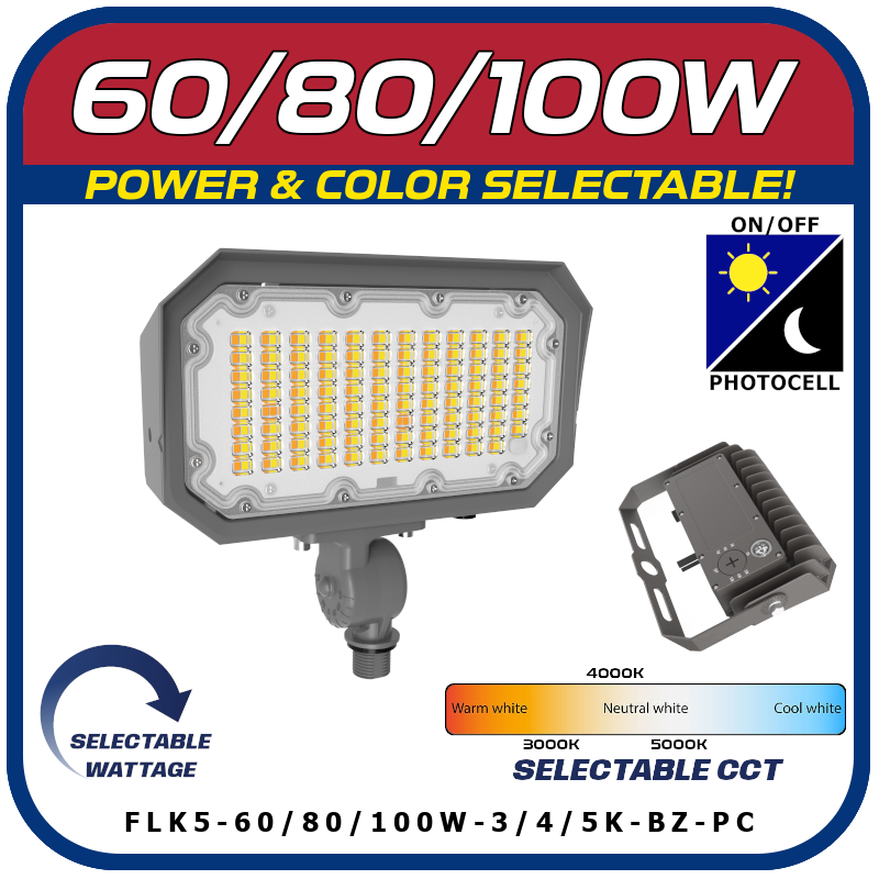 60/80/100W Power & Color Selectable Knuckle Mount Floodlight w/On-Off Photocell