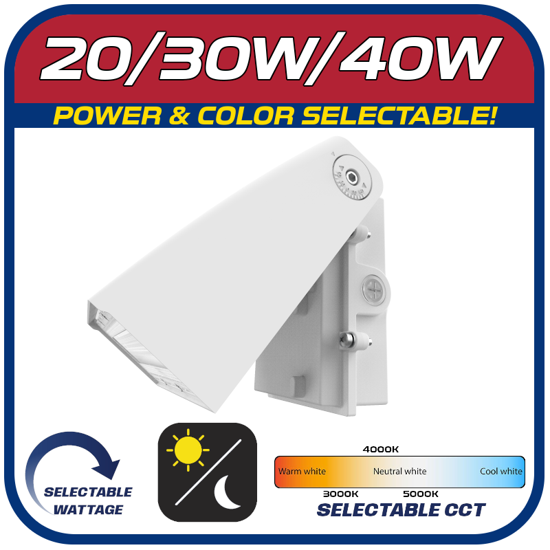 20/30/40W CCT WHITE ARCHITECTURAL 90° ROTATING WALL PACK w/Photocell