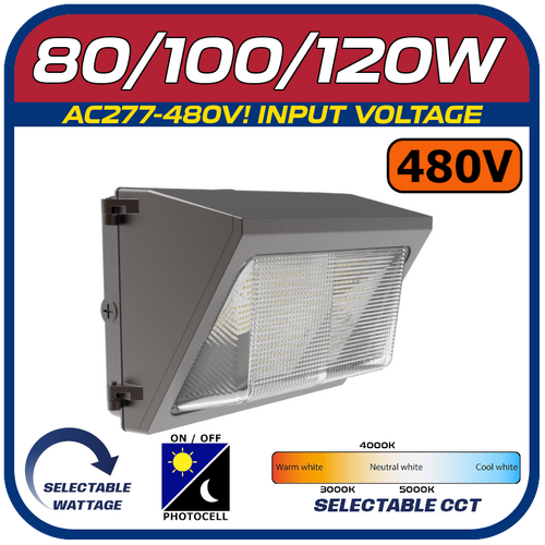 480V - 80/100/120W POWER & COLOR SELECTABLE WALL PACK w/Photocell