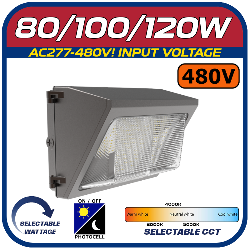 480V - 80/100/120W POWER & COLOR SELECTABLE WALL PACK w/Photocell
