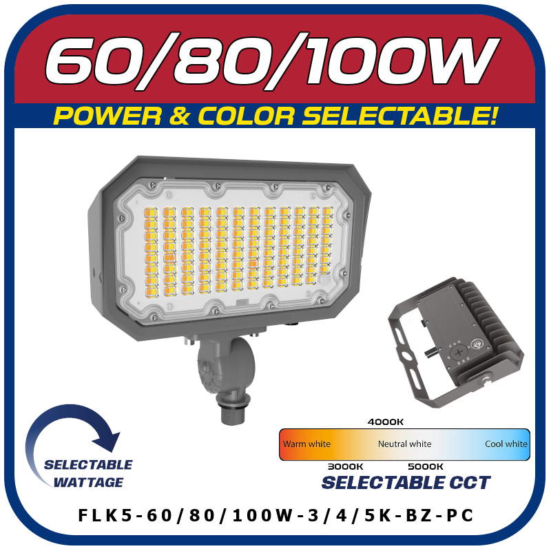 60W / 80W / 100W LED Power & Color Selectable Knuckle Mount Floodlight ...