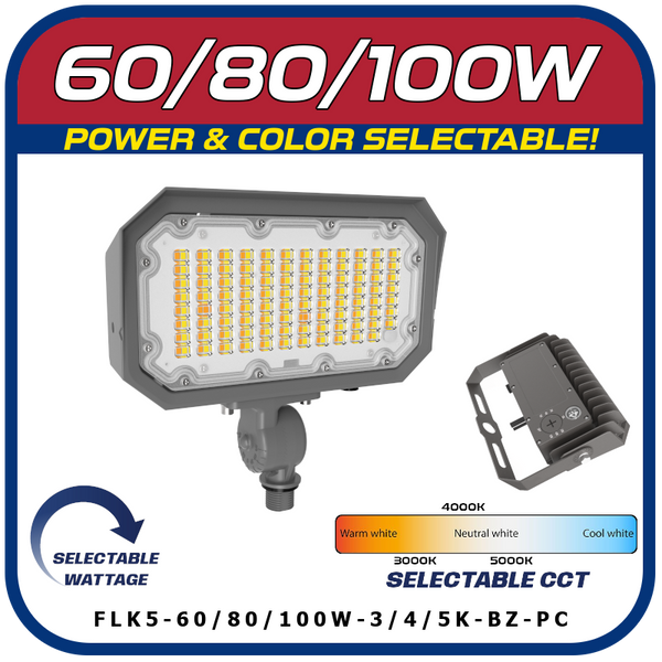 60W / 80W / 100W LED Power & Color Selectable Knuckle Mount Floodlight