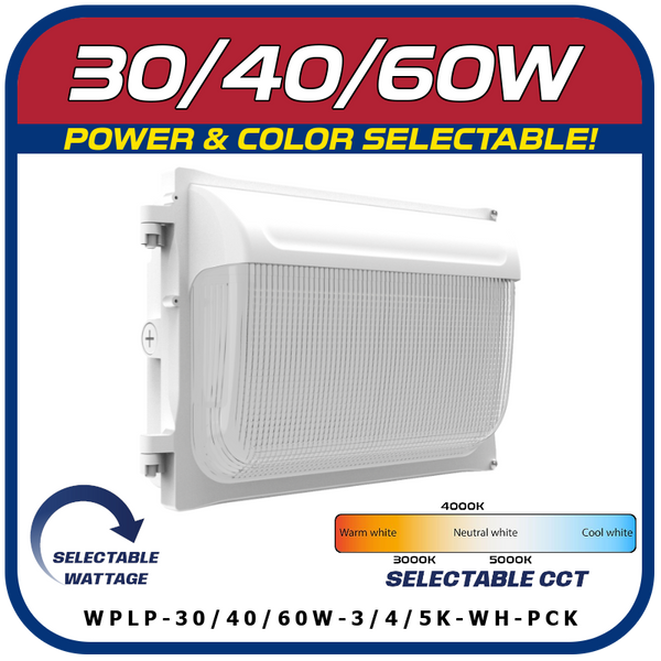 White 30W/40W/60W LED POWER & COLOR SELECTABLE WALL PACK W/PHOTOCELL