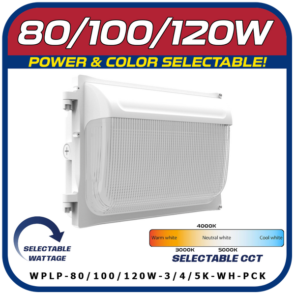 White 80W/100W/120W LED POWER & COLOR SELECTABLE WALL PACK W/PHOTOCELL
