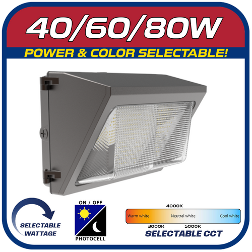 40/60/80W POWER & COLOR SELECTABLE WALL PACK w/Photocell