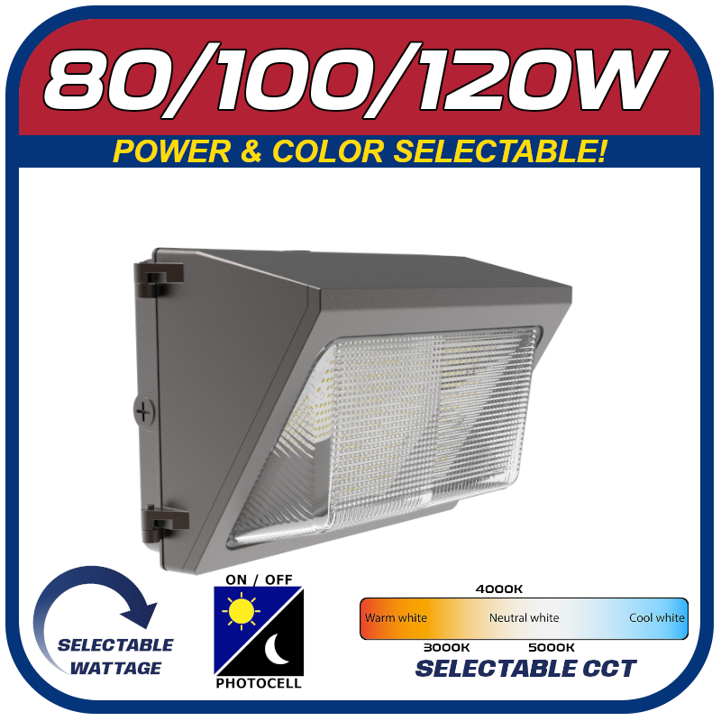 80/100/120W POWER & COLOR SELECTABLE WALL PACK w/Photocell