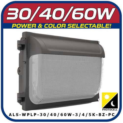 30/40/60W POWER & COLOR SELECTABLE LOW PROFILE WALL PACK W/PHOTOCELL