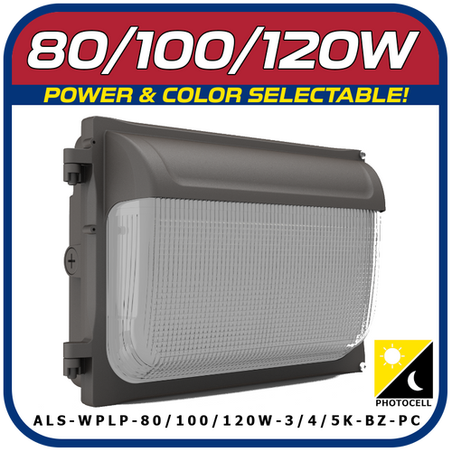 80/100/120W POWER & COLOR SELECTABLE LOW PROFILE WALL PACK W/PHOTOCELL