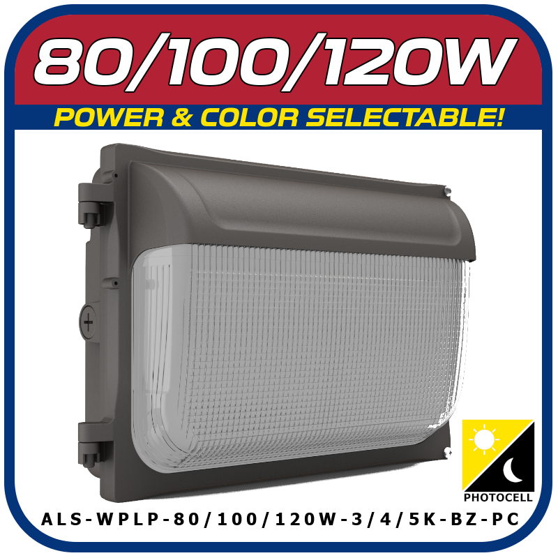 80/100/120W POWER & COLOR SELECTABLE LOW PROFILE WALL PACK W/PHOTOCELL