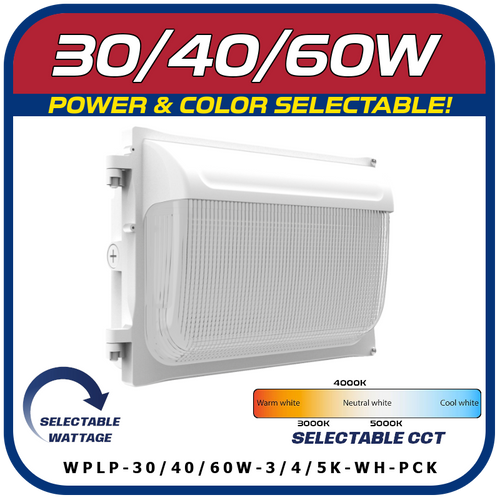 White 30/40/60W POWER & COLOR SELECTABLE WALL PACK W/PHOTOCELL