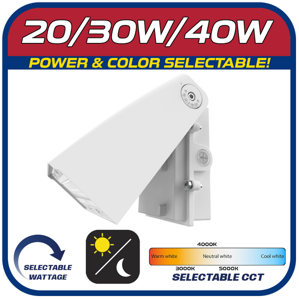 20W/30W40W LED 3000K/4000K/5000K CCT WHITE ARCHITECTURAL SERIES 90° ROATAING WALL PACK w/Photocell