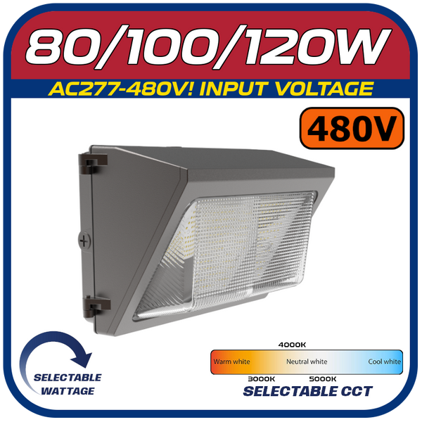 480V Watchman 80W/100W/120W LED POWER & COLOR SELECTABLE WALL PACK w/Photocell