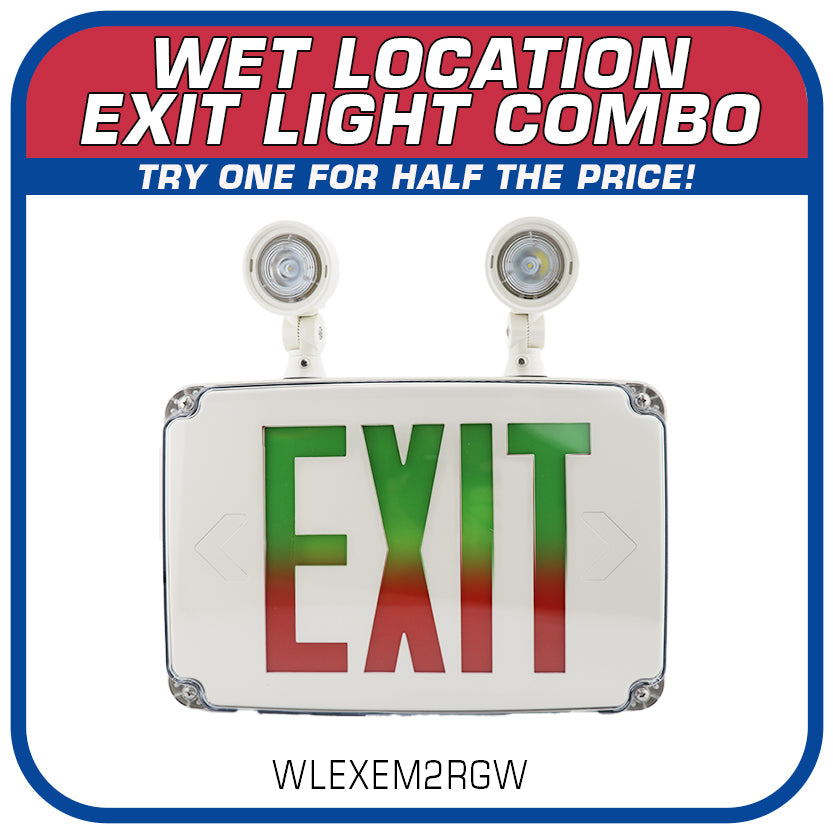 Wet Location Exit Light Combo — Red/Green Letters & White Housing