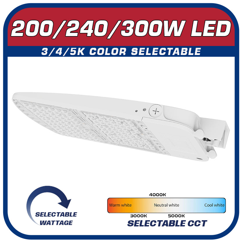 200/240/300W & 3/4/5K Selectable Area Light Parking Lot Fixture White Finish