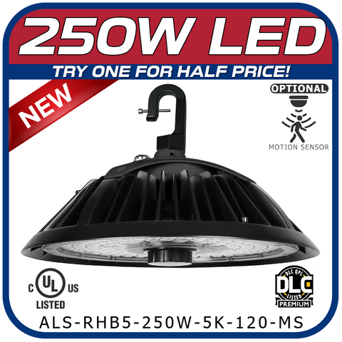 250W LED 5th Generation Round High Bay Fixture with Built-In Motion Sensor